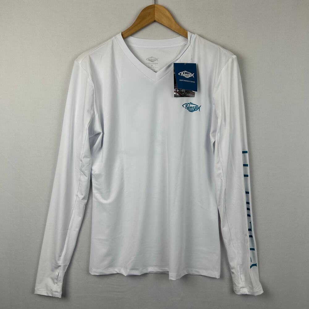 Palmyth Performance Long Sleeve White Shirt V Neck Palm Tree Women's Size M
